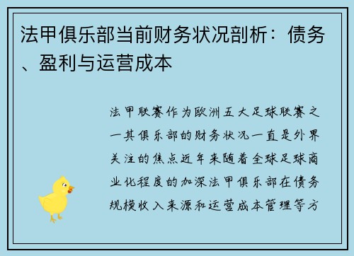 法甲俱乐部当前财务状况剖析：债务、盈利与运营成本