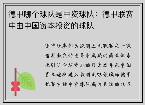 德甲哪个球队是中资球队：德甲联赛中由中国资本投资的球队