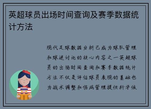 英超球员出场时间查询及赛季数据统计方法