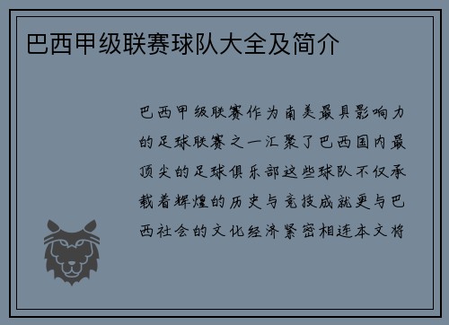 巴西甲级联赛球队大全及简介